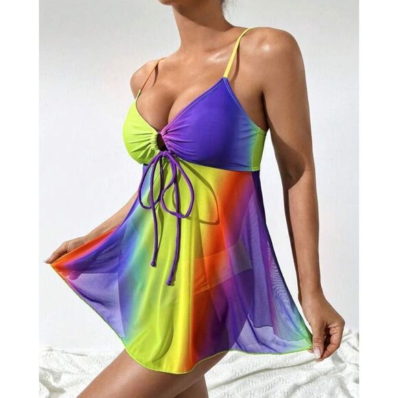 Y2K Rainbow Ombre Mermaidcore Cosplay Drawstring Bikini Cami Swimsuit Set - Picture 6 of 11